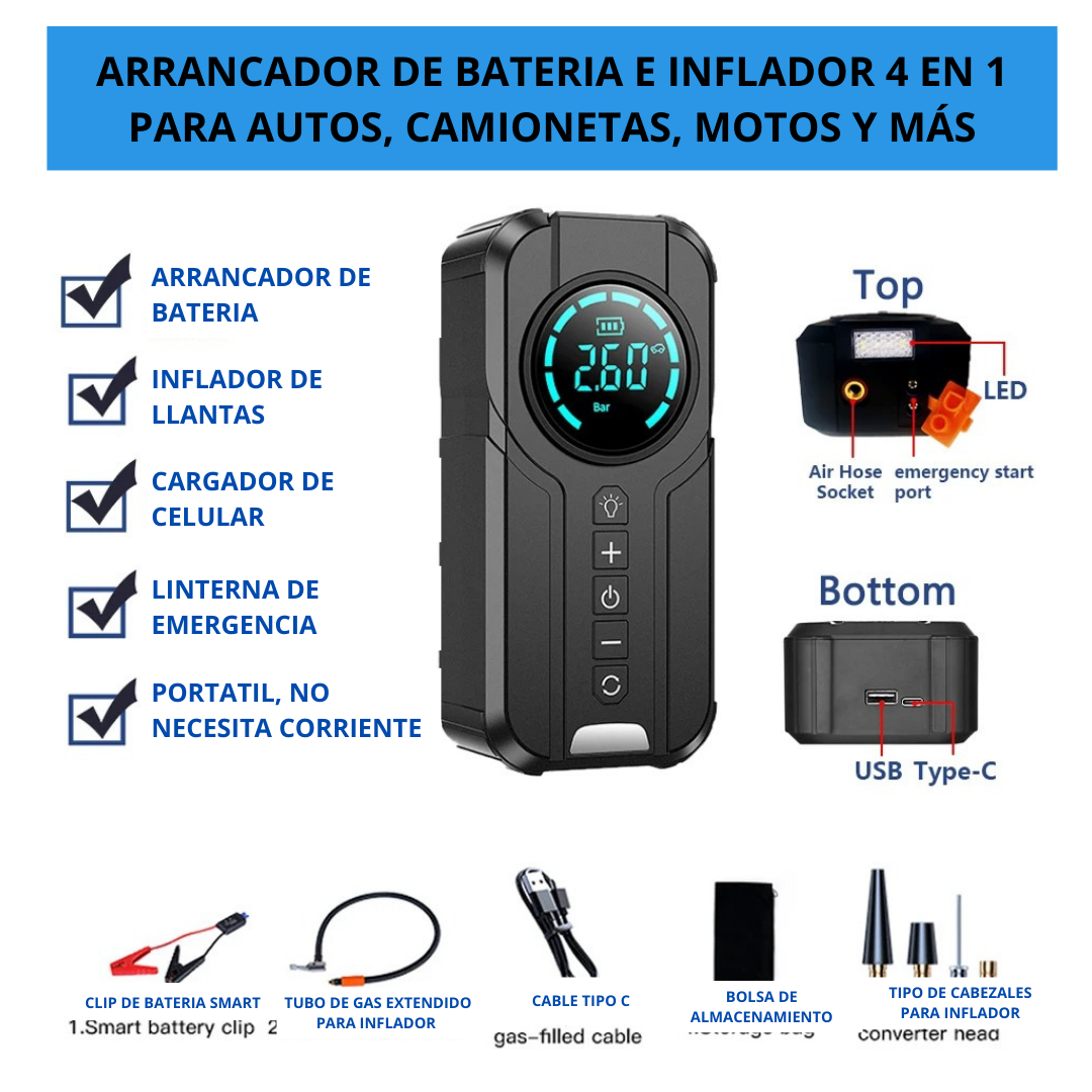 ARRANCADOR DE BATERIA DE AUTO 4 EN 1 (ARRANCADOR-INFLADOR-CARGADOR-LINTERNA) MÁS SET DE HERRAMIENTAS 40 PIEZAS