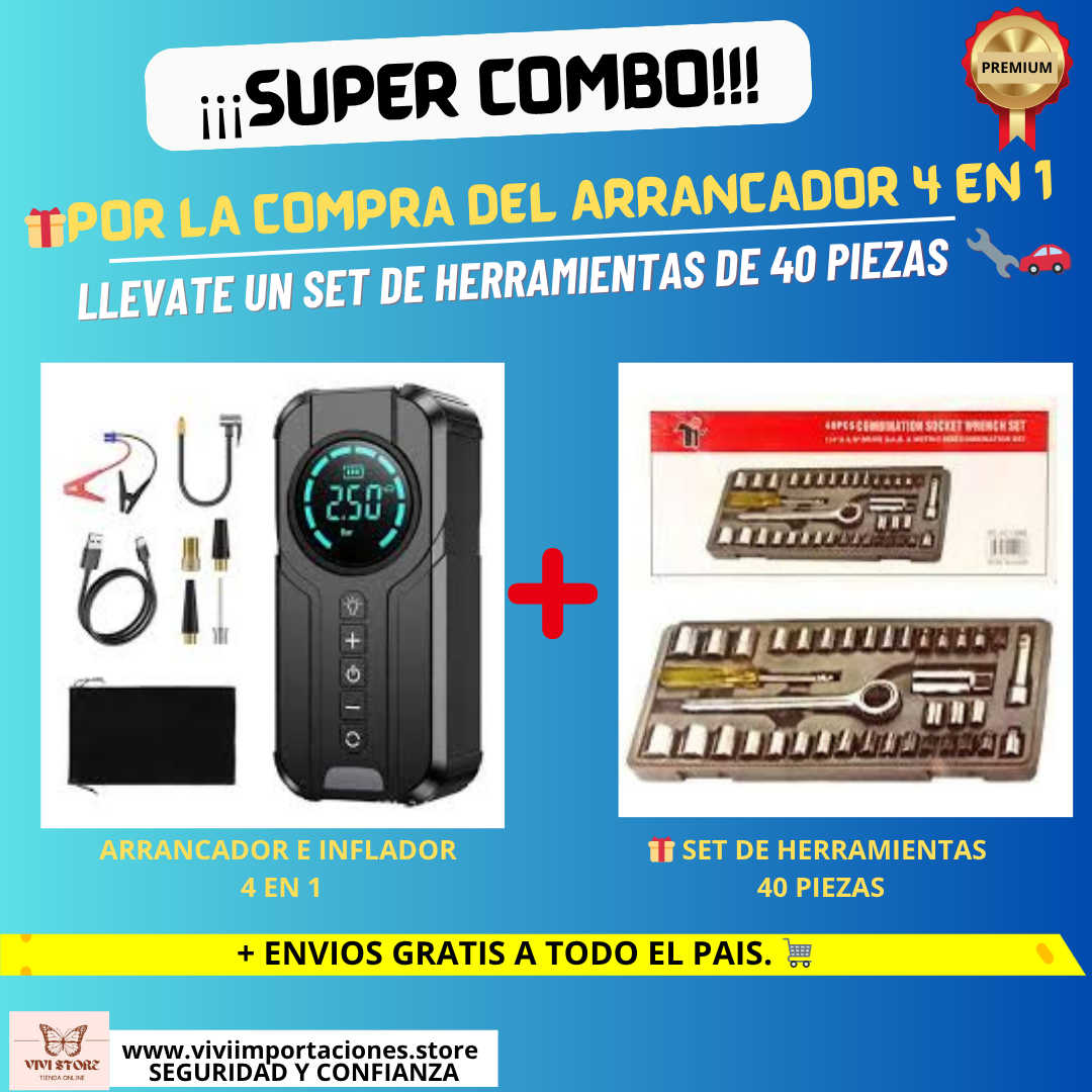 ARRANCADOR DE BATERIA DE AUTO 4 EN 1 (ARRANCADOR-INFLADOR-CARGADOR-LINTERNA) MÁS SET DE HERRAMIENTAS 40 PIEZAS