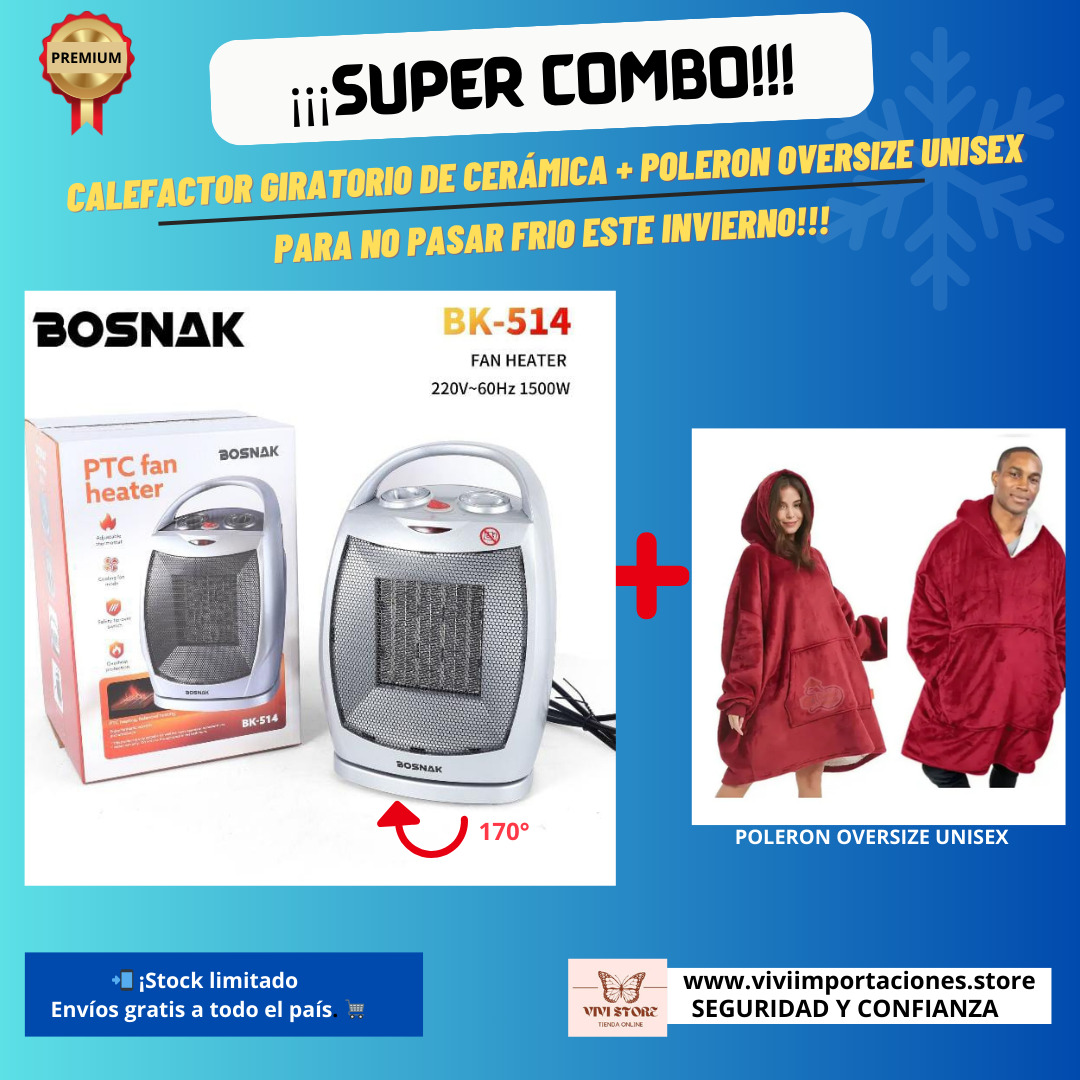 CALEFACTOR PORTÁTIL GIRATORIO DE CERAMICA 2 EN 1- BAJO CONSUMO DE ENERGIA - INCLUYE UN POLERON OVERSIZE