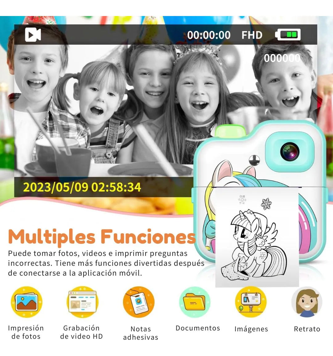 CÁMARA DIGITAL UNICORNIO PARA NIÑOS CON IMPRESORA INSTANTÁNEA, VIDEO FULL HD, JUEGOS Y EFECTOS, LA UNICA CON APP INCLUIDA