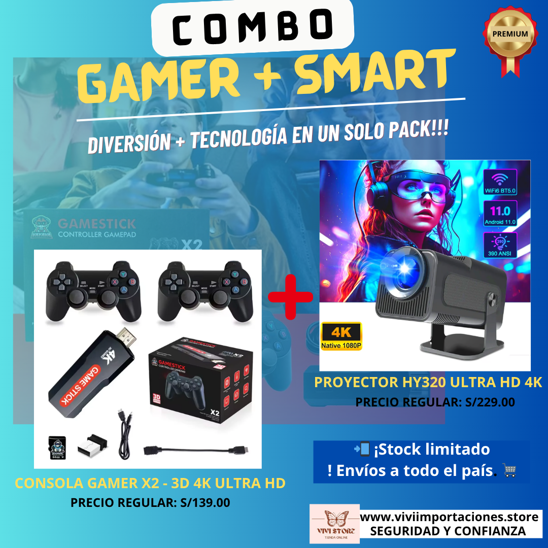 COMBO PROYECTOR HY320 MINI SMART ULTRA HD + CONSOLA DE VIDEO JUEGOS EN 3D