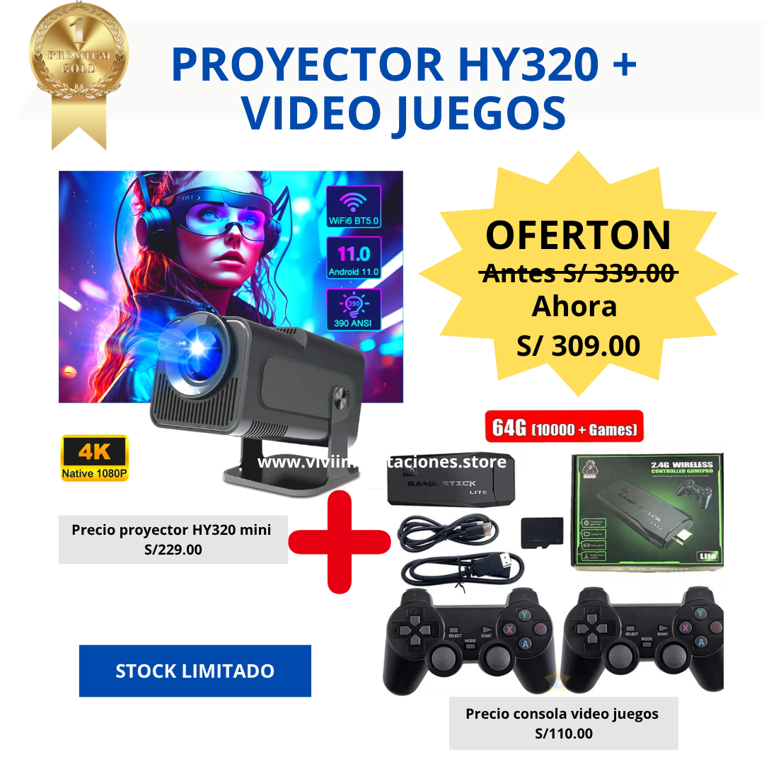 PROYECTOR HY320 MINI SMART ULTRA HD + CONSOLA DE VIDEO JUEGOS DOBLE MANDO