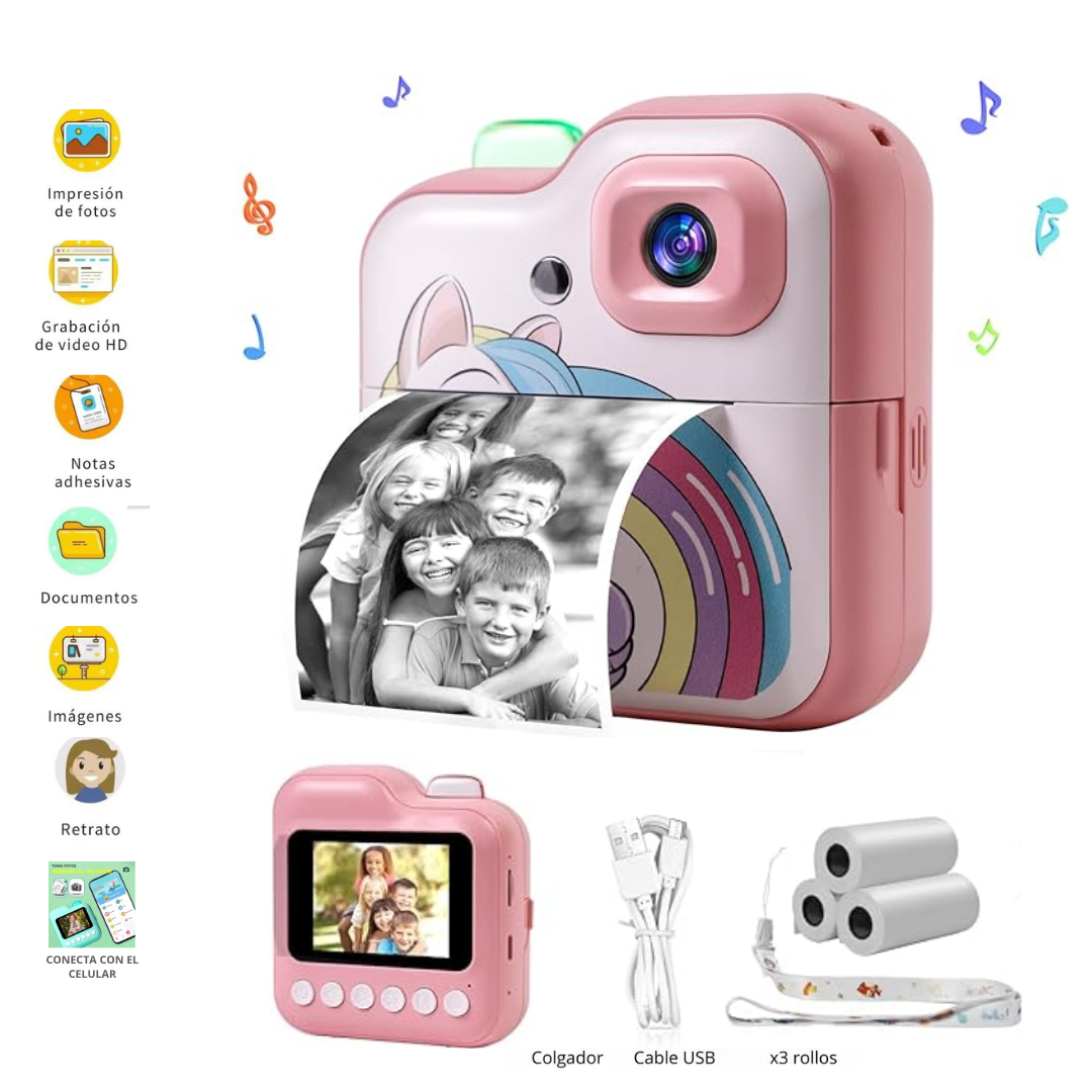 CÁMARA DIGITAL UNICORNIO PARA NIÑOS CON IMPRESORA INSTANTÁNEA, VIDEO FULL HD, JUEGOS Y EFECTOS, LA UNICA CON APP INCLUIDA
