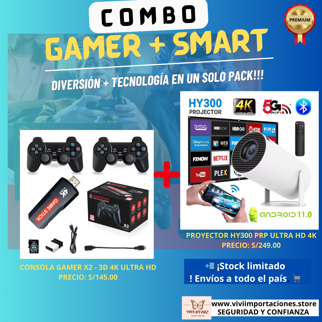 COMBO PROYECTOR HY300 PRO ULTRA HD 4K + CONSOLA DE VIDEO JUEGOS GAME STICK EN 3D