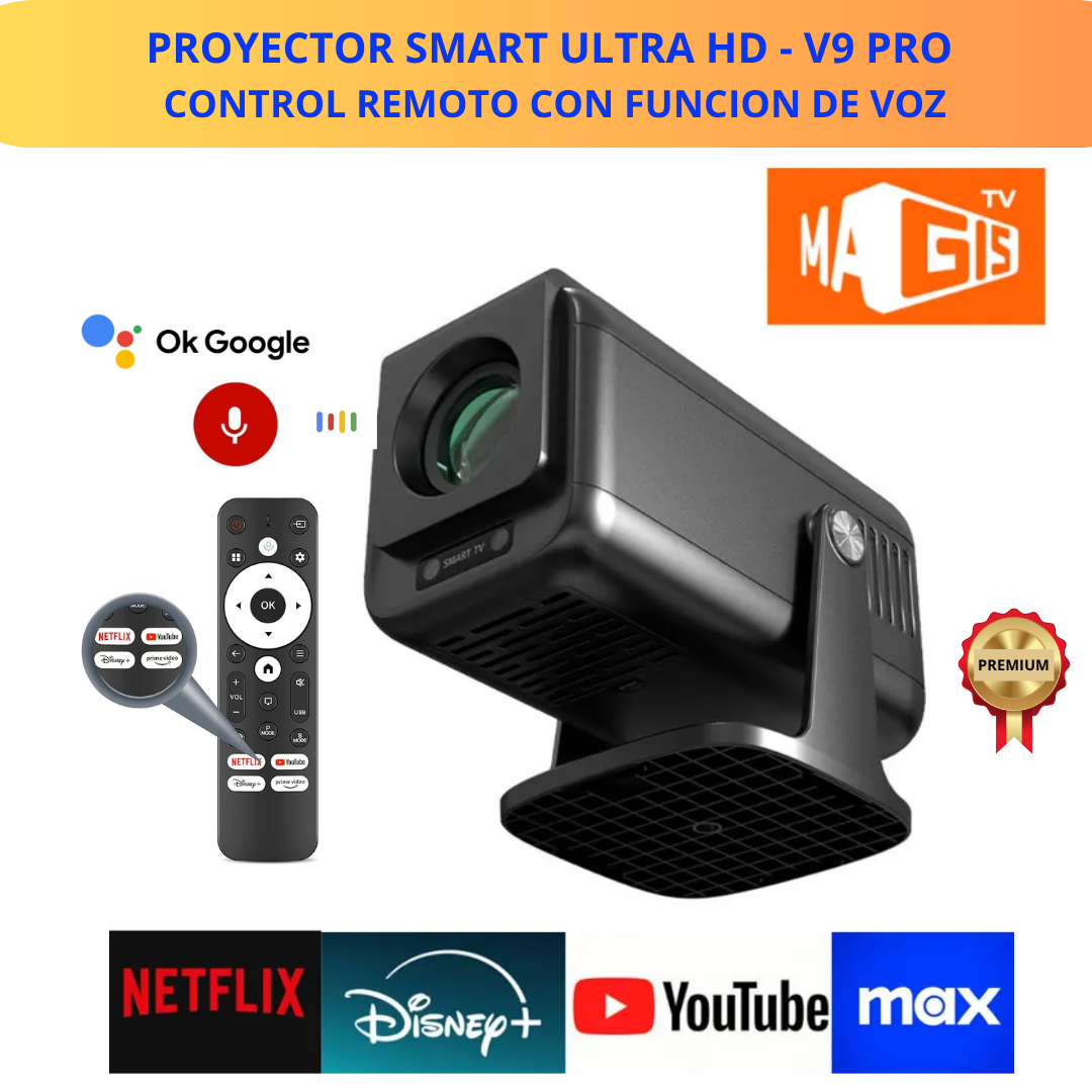 PROYECTOR SMART V9 PRO INCLUYE CONTROL CON FUNCIÓN DE VOZ Y TEMPORIZADOR- ANDROID 13 - 1920x1080P-WiFi 6.0