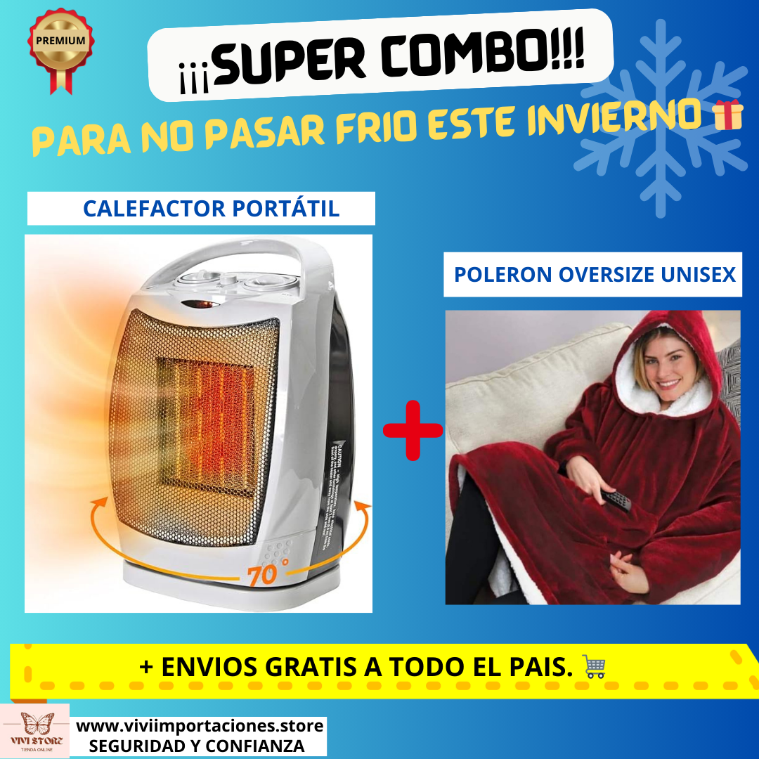 CALEFACTOR PORTÁTIL GIRATORIO DE CERAMICA 2 EN 1- BAJO CONSUMO DE ENERGIA - INCLUYE UN POLERON OVERSIZE