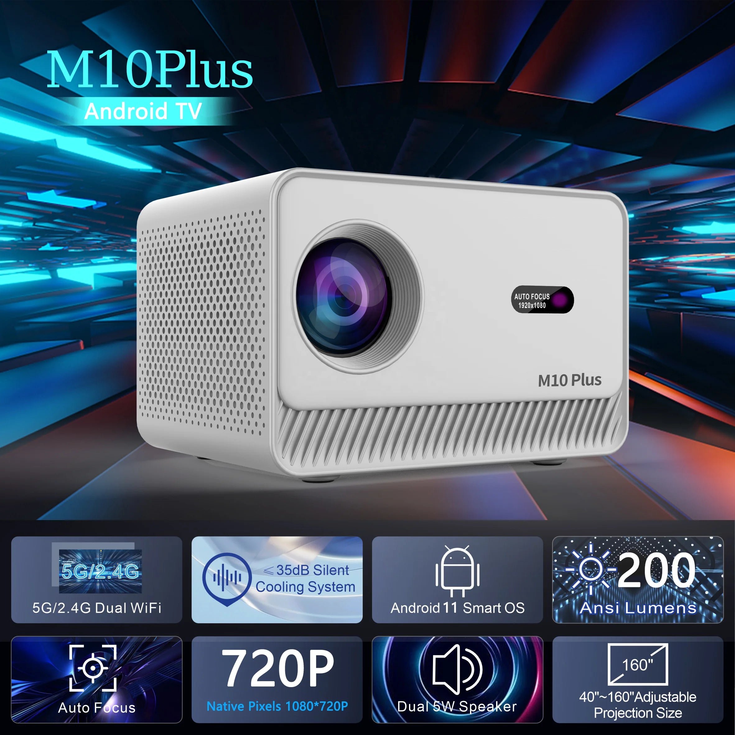 PROYECTOR PROFESIONAL M10 PLUS 1280x720P WIFI  2,4G/5G Bluetooth 5,0  Sistema Android 11 - Incluye soporte movil