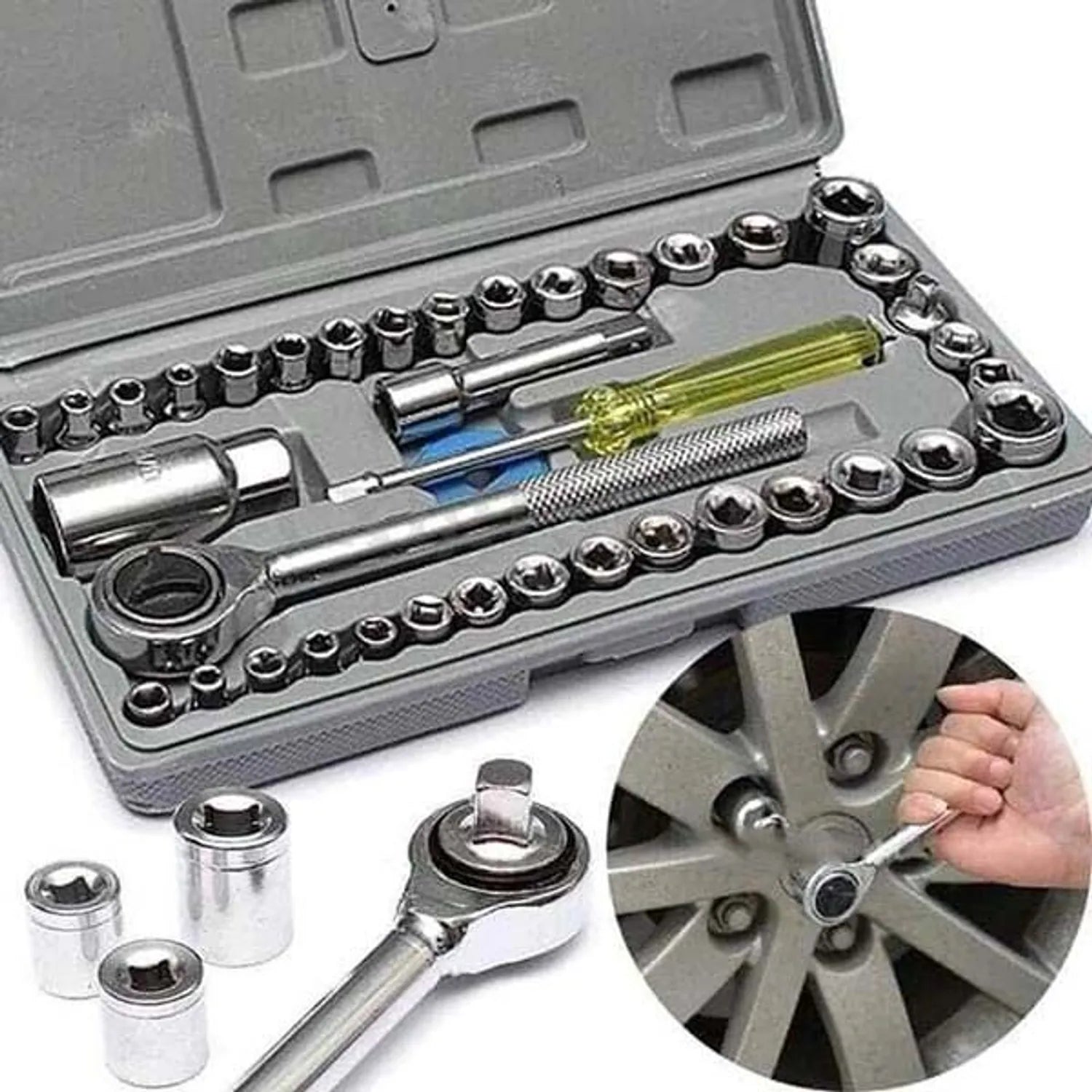 ARRANCADOR DE BATERIA DE AUTO 4 EN 1 (ARRANCADOR-INFLADOR-CARGADOR-LINTERNA) MÁS SET DE HERRAMIENTAS 40 PIEZAS